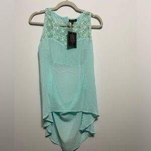 Vtg Y2K Teal Floral Lace Open Back Sheer Blouse Feminine Elegant Dainty NWT